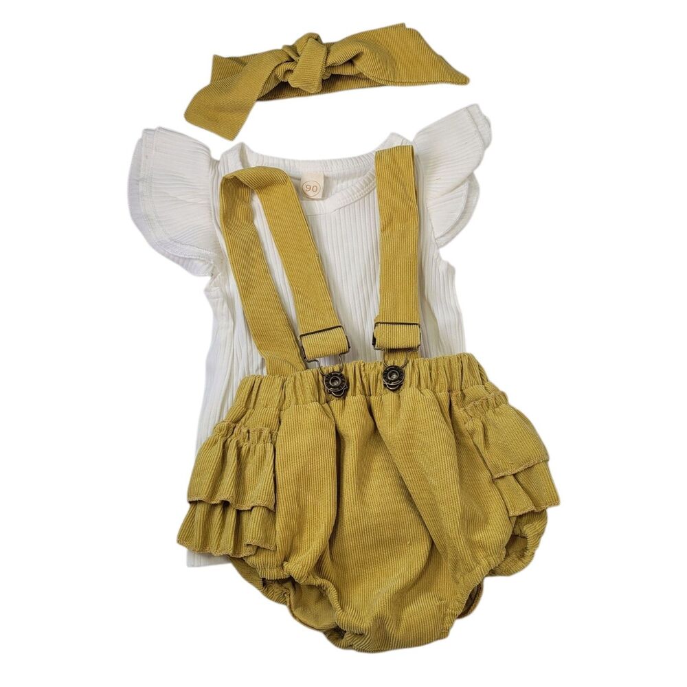 Baby Girl Shorts Set Ribbed T-Shirt Ruffle Top Suspender Shorts Headband 2Months